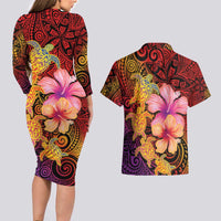 Hawaiian Hibiscus Turtle Tribal Polynesian Pattern Couples Matching Long Sleeve Bodycon Dress and Hawaiian Shirt Colorful Color LT03 - Polynesian Pride