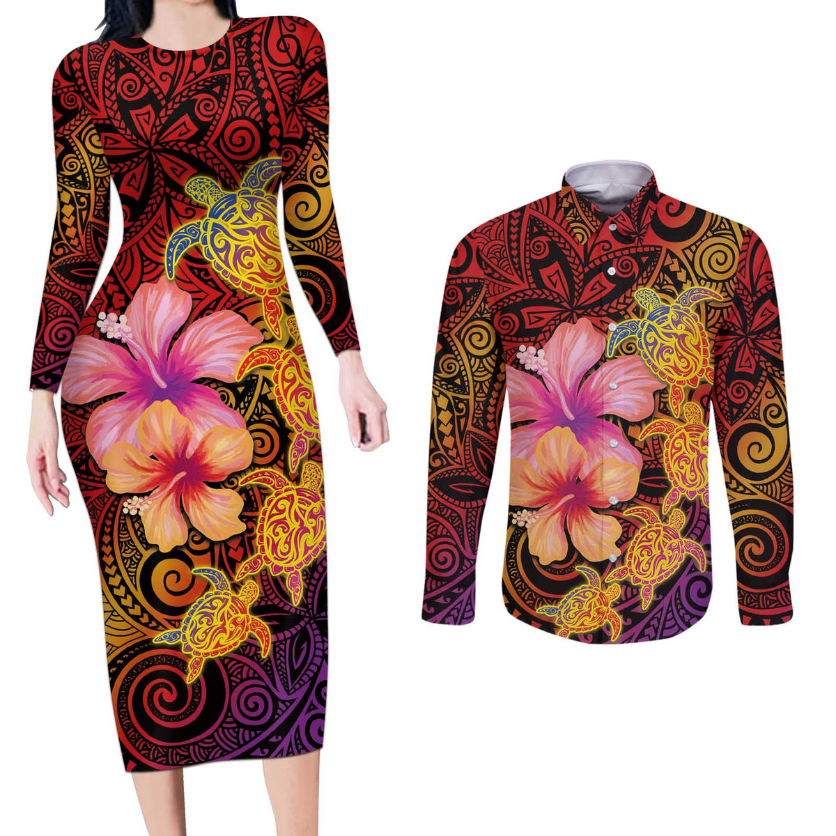 Hawaiian Hibiscus Turtle Tribal Polynesian Pattern Couples Matching Long Sleeve Bodycon Dress and Long Sleeve Button Shirt Colorful Color LT03 Red - Polynesian Pride