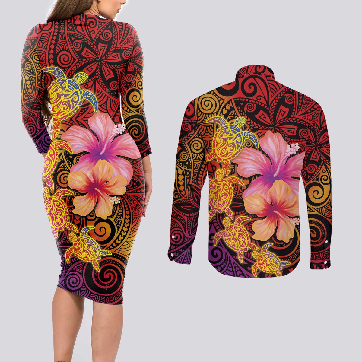 Hawaiian Hibiscus Turtle Tribal Polynesian Pattern Couples Matching Long Sleeve Bodycon Dress and Long Sleeve Button Shirt Colorful Color LT03 - Polynesian Pride