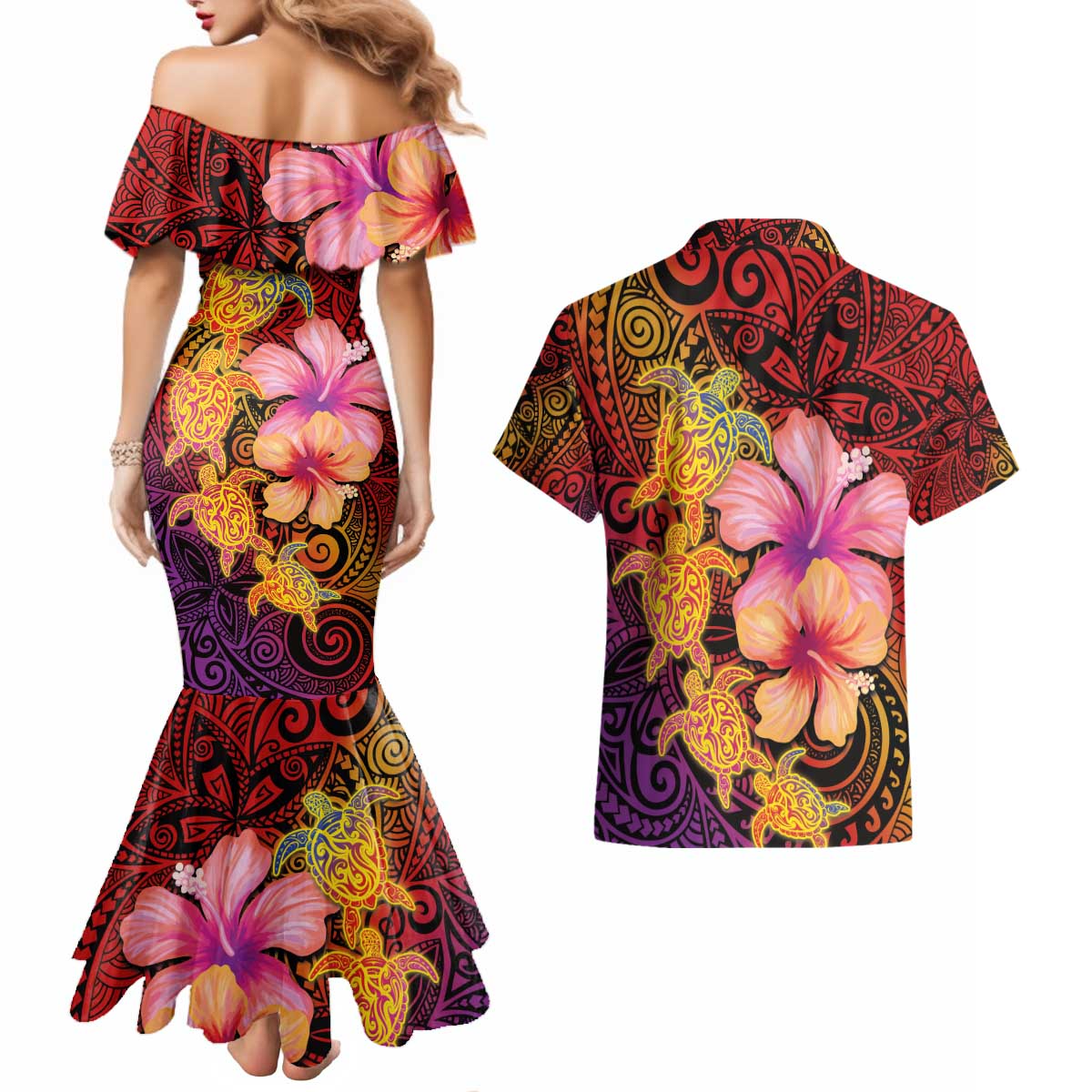 Hawaiian Hibiscus Turtle Tribal Polynesian Pattern Couples Matching Mermaid Dress and Hawaiian Shirt Colorful Color LT03 - Polynesian Pride