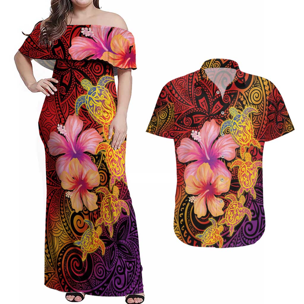 Hawaiian Hibiscus Turtle Tribal Polynesian Pattern Couples Matching Off Shoulder Maxi Dress and Hawaiian Shirt Colorful Color LT03 Red - Polynesian Pride
