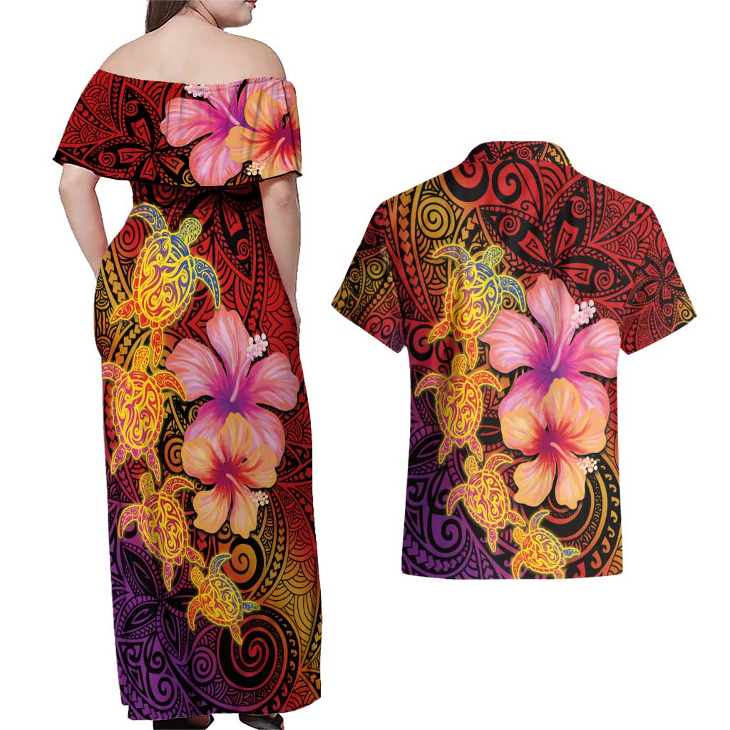 Hawaiian Hibiscus Turtle Tribal Polynesian Pattern Couples Matching Off Shoulder Maxi Dress and Hawaiian Shirt Colorful Color LT03 - Polynesian Pride
