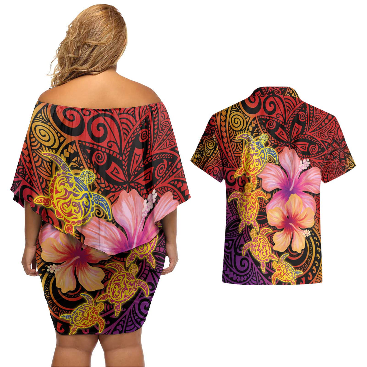 Hawaiian Hibiscus Turtle Tribal Polynesian Pattern Couples Matching Off Shoulder Short Dress and Hawaiian Shirt Colorful Color LT03 - Polynesian Pride