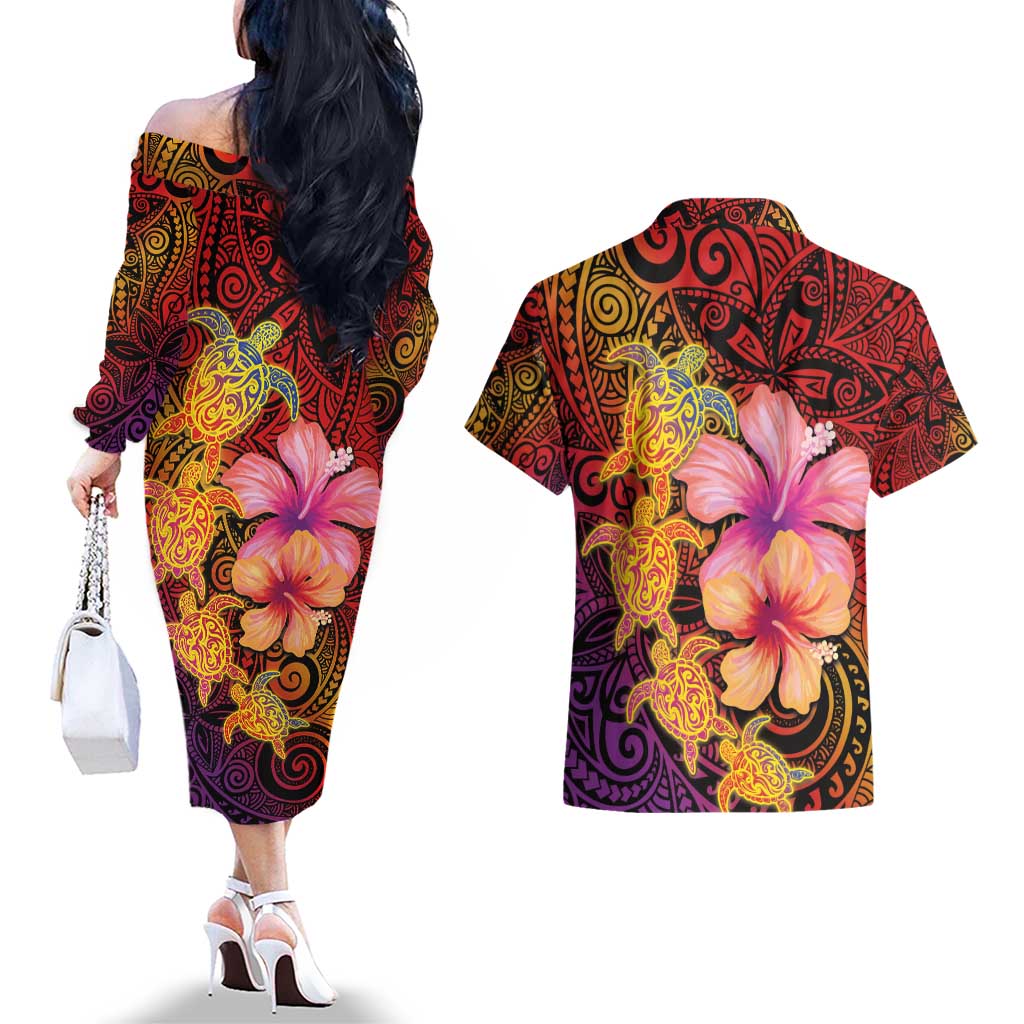 Hawaiian Hibiscus Turtle Tribal Polynesian Pattern Couples Matching Off The Shoulder Long Sleeve Dress and Hawaiian Shirt Colorful Color LT03 - Polynesian Pride
