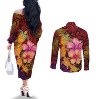 Hawaiian Hibiscus Turtle Tribal Polynesian Pattern Couples Matching Off The Shoulder Long Sleeve Dress and Long Sleeve Button Shirt Colorful Color LT03 - Polynesian Pride