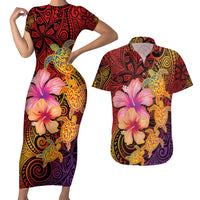 Hawaiian Hibiscus Turtle Tribal Polynesian Pattern Couples Matching Short Sleeve Bodycon Dress and Hawaiian Shirt Colorful Color LT03 Red - Polynesian Pride