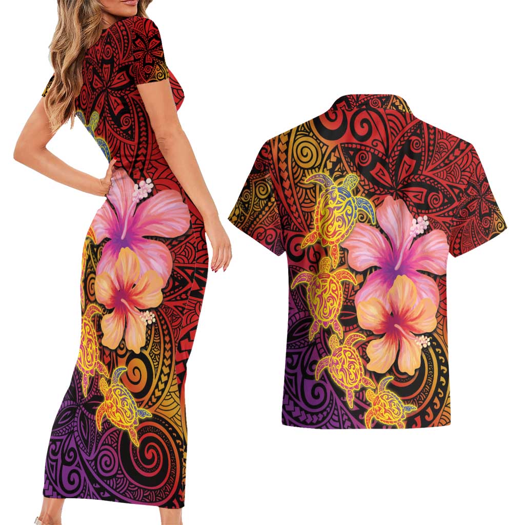Hawaiian Hibiscus Turtle Tribal Polynesian Pattern Couples Matching Short Sleeve Bodycon Dress and Hawaiian Shirt Colorful Color LT03 - Polynesian Pride