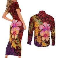 Hawaiian Hibiscus Turtle Tribal Polynesian Pattern Couples Matching Short Sleeve Bodycon Dress and Long Sleeve Button Shirt Colorful Color LT03 - Polynesian Pride