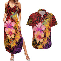 Hawaiian Hibiscus Turtle Tribal Polynesian Pattern Couples Matching Summer Maxi Dress and Hawaiian Shirt Colorful Color LT03 Red - Polynesian Pride