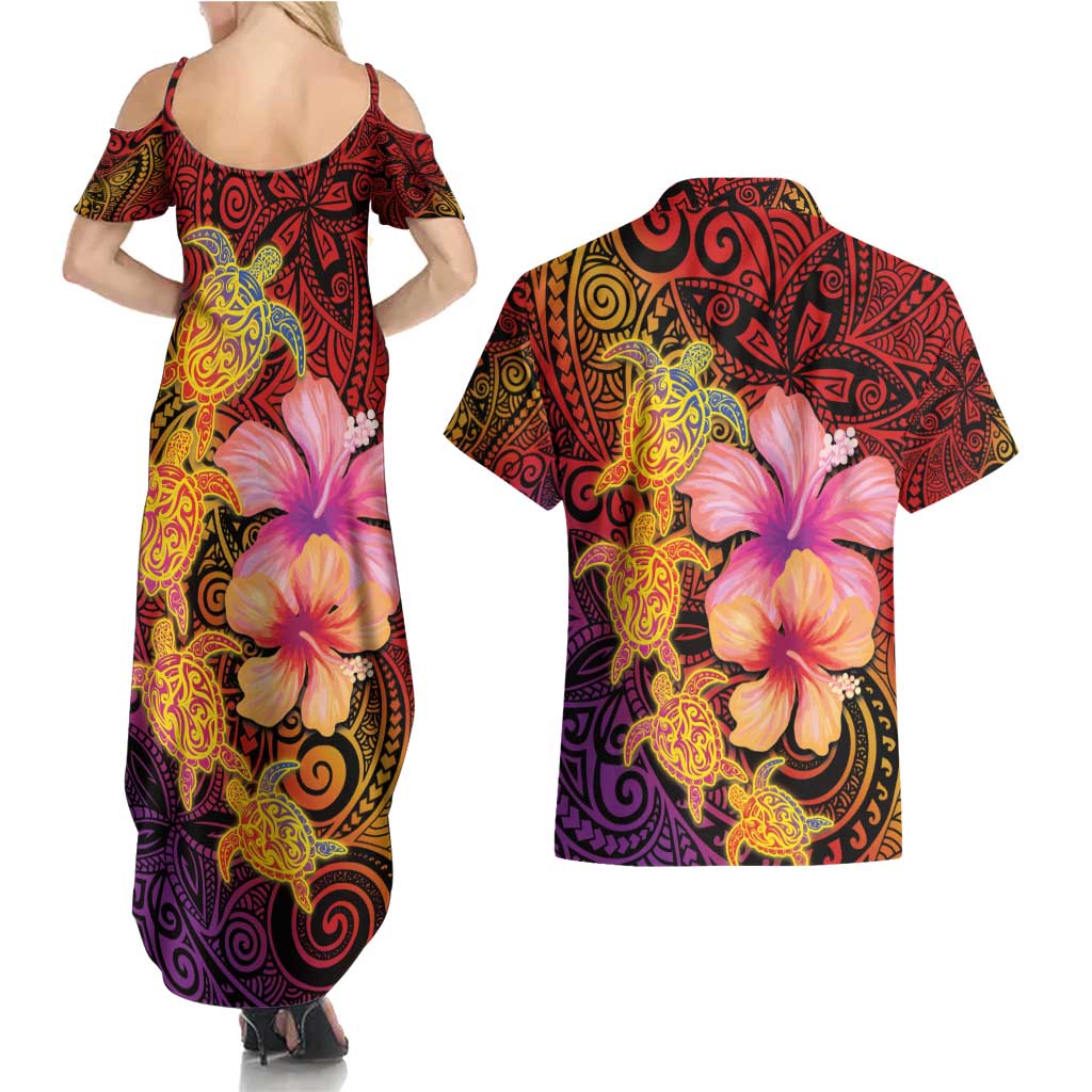 Hawaiian Hibiscus Turtle Tribal Polynesian Pattern Couples Matching Summer Maxi Dress and Hawaiian Shirt Colorful Color LT03 - Polynesian Pride