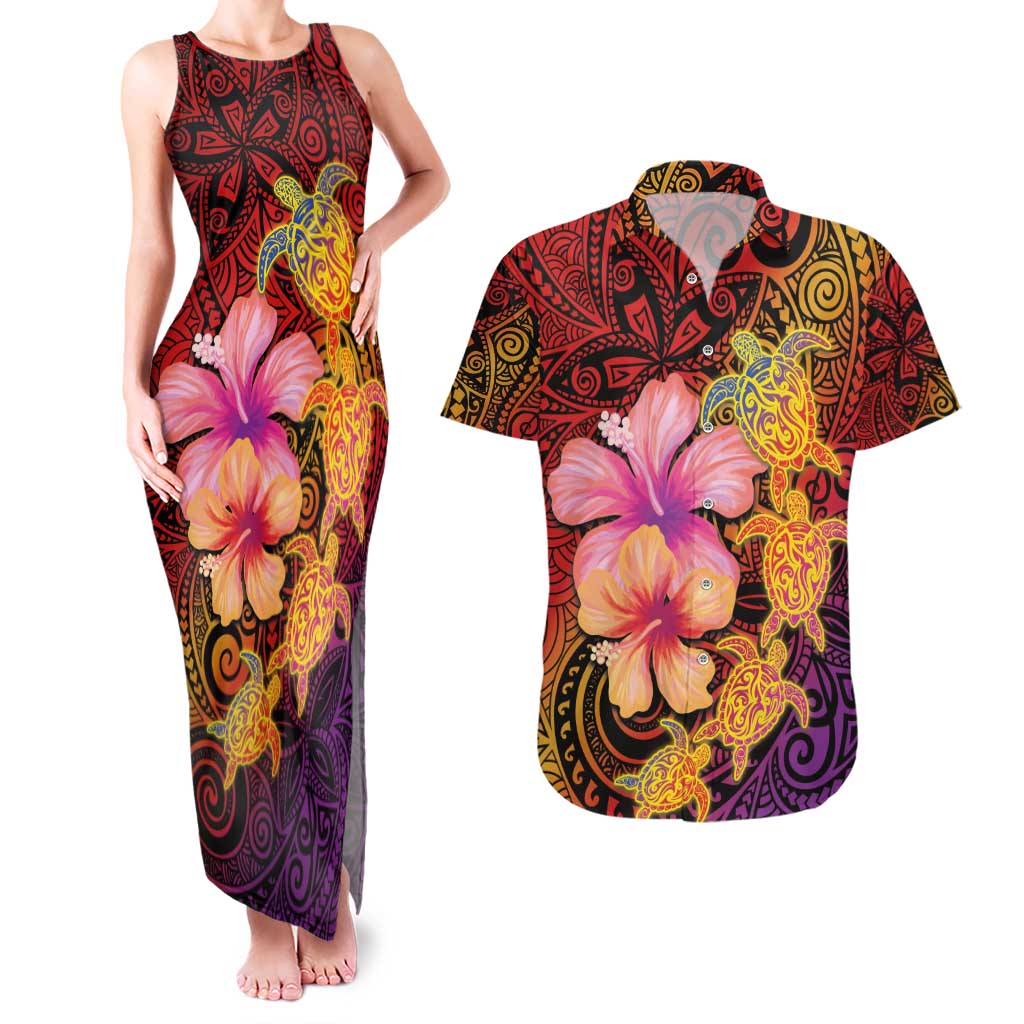 Hawaiian Hibiscus Turtle Tribal Polynesian Pattern Couples Matching Tank Maxi Dress and Hawaiian Shirt Colorful Color LT03 Red - Polynesian Pride