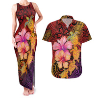 Hawaiian Hibiscus Turtle Tribal Polynesian Pattern Couples Matching Tank Maxi Dress and Hawaiian Shirt Colorful Color LT03 Red - Polynesian Pride