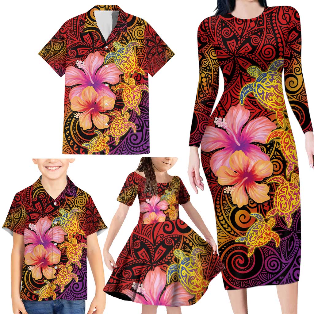 Hawaiian Hibiscus Turtle Tribal Polynesian Pattern Family Matching Long Sleeve Bodycon Dress and Hawaiian Shirt Colorful Color LT03 - Polynesian Pride
