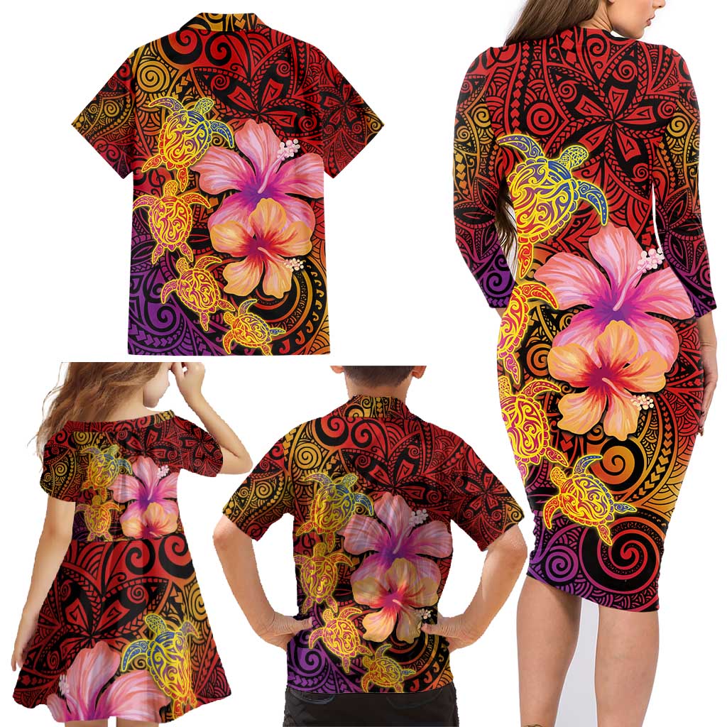 Hawaiian Hibiscus Turtle Tribal Polynesian Pattern Family Matching Long Sleeve Bodycon Dress and Hawaiian Shirt Colorful Color LT03 - Polynesian Pride