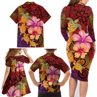 Hawaiian Hibiscus Turtle Tribal Polynesian Pattern Family Matching Long Sleeve Bodycon Dress and Hawaiian Shirt Colorful Color LT03 - Polynesian Pride