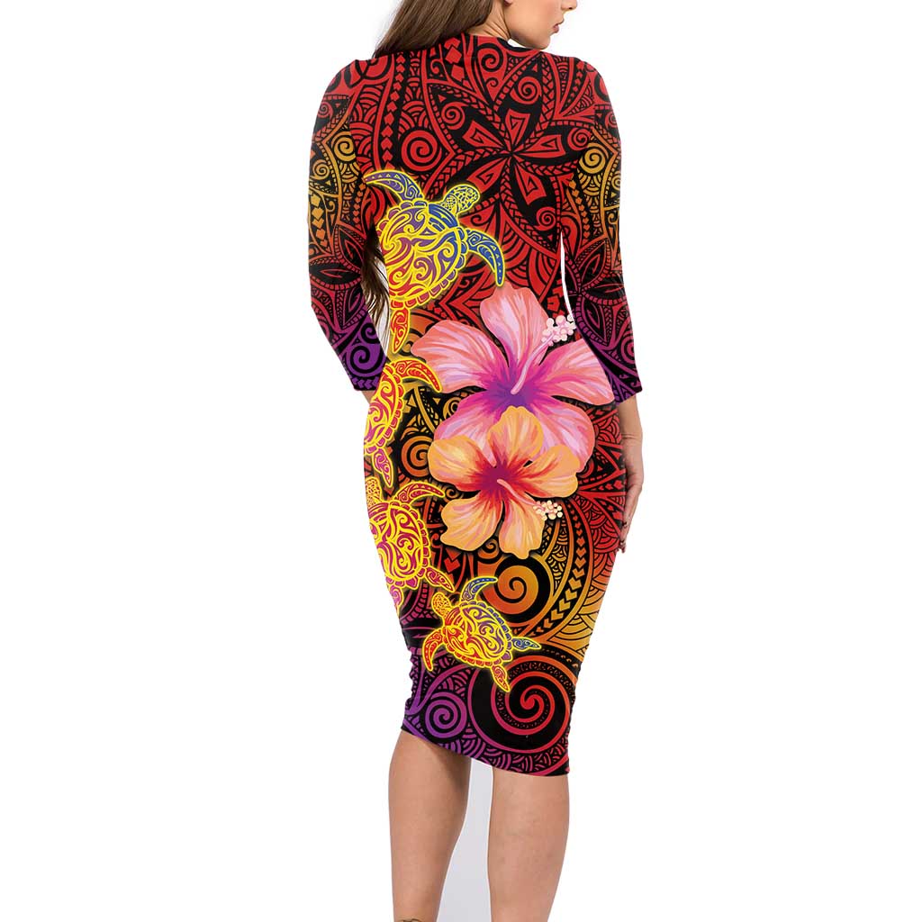 Hawaiian Hibiscus Turtle Tribal Polynesian Pattern Family Matching Long Sleeve Bodycon Dress and Hawaiian Shirt Colorful Color LT03 - Polynesian Pride
