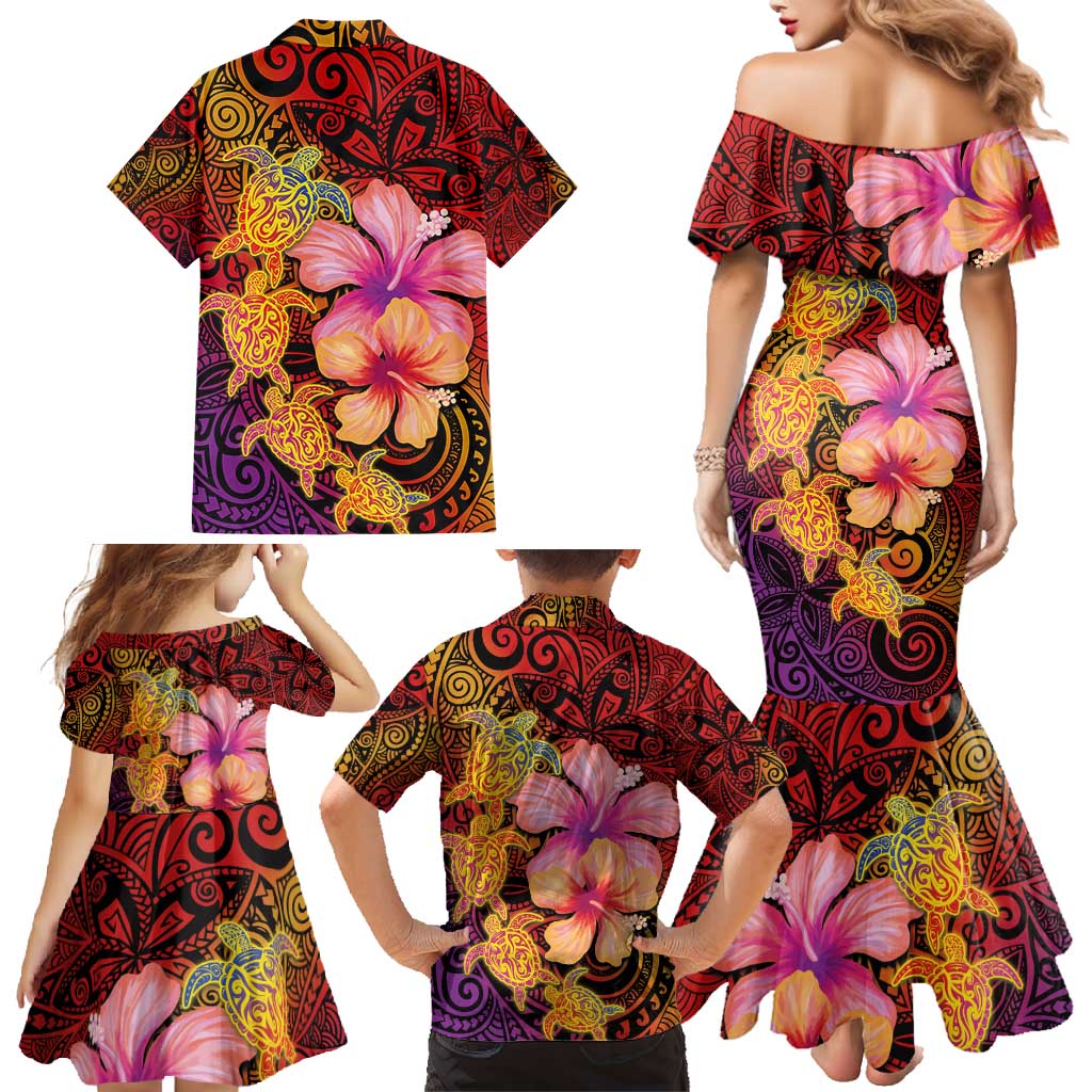 Hawaiian Hibiscus Turtle Tribal Polynesian Pattern Family Matching Mermaid Dress and Hawaiian Shirt Colorful Color LT03 - Polynesian Pride