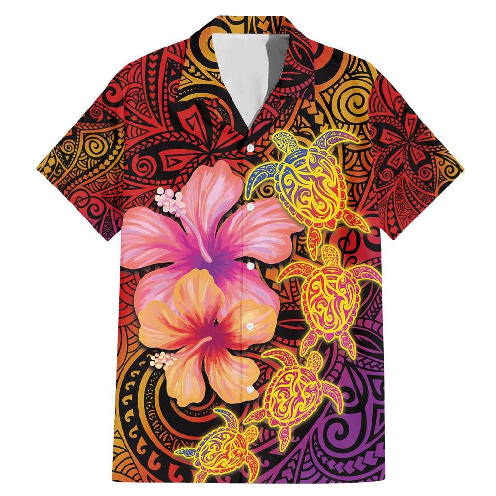 Hawaiian Hibiscus Turtle Tribal Polynesian Pattern Family Matching Mermaid Dress and Hawaiian Shirt Colorful Color LT03 Dad's Shirt - Short Sleeve Red - Polynesian Pride