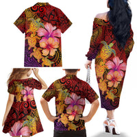 Hawaiian Hibiscus Turtle Tribal Polynesian Pattern Family Matching Off The Shoulder Long Sleeve Dress and Hawaiian Shirt Colorful Color LT03 - Polynesian Pride
