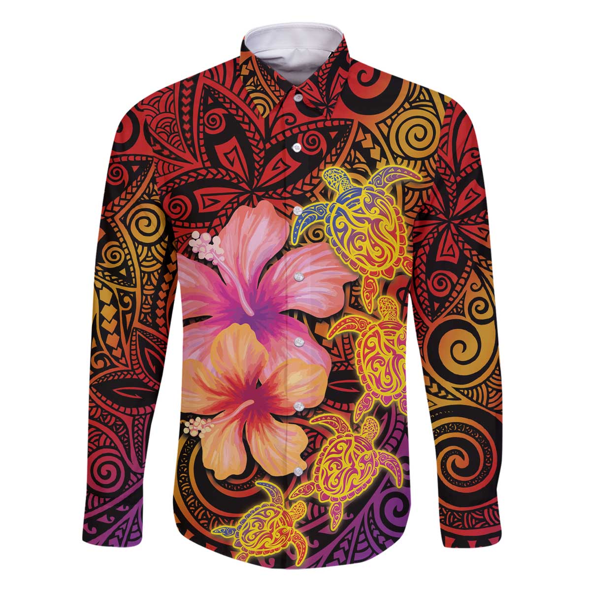 Hawaiian Hibiscus Turtle Tribal Polynesian Pattern Family Matching Off The Shoulder Long Sleeve Dress and Hawaiian Shirt Colorful Color LT03 Dad's Shirt - Long Sleeve Red - Polynesian Pride