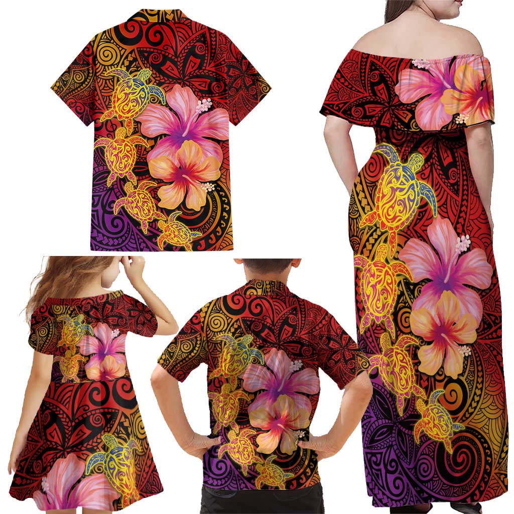 Hawaiian Hibiscus Turtle Tribal Polynesian Pattern Family Matching Off Shoulder Maxi Dress and Hawaiian Shirt Colorful Color LT03 - Polynesian Pride