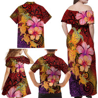 Hawaiian Hibiscus Turtle Tribal Polynesian Pattern Family Matching Off Shoulder Maxi Dress and Hawaiian Shirt Colorful Color LT03 - Polynesian Pride