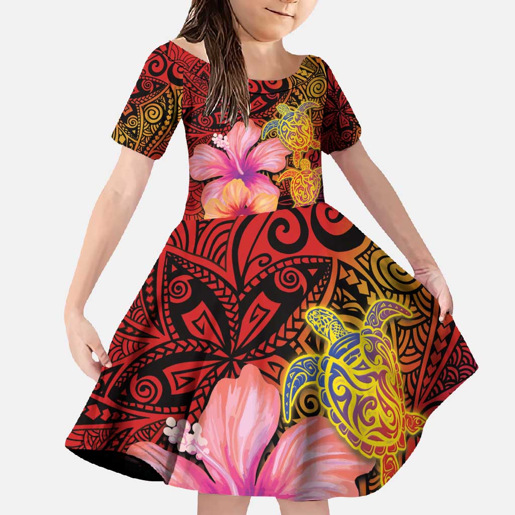 Hawaiian Hibiscus Turtle Tribal Polynesian Pattern Family Matching Short Sleeve Bodycon Dress and Hawaiian Shirt Colorful Color LT03 Daughter's Dress Red - Polynesian Pride