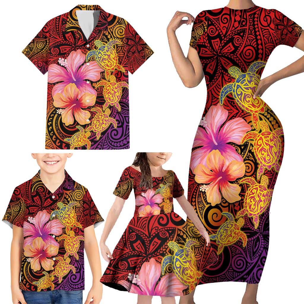 Hawaiian Hibiscus Turtle Tribal Polynesian Pattern Family Matching Short Sleeve Bodycon Dress and Hawaiian Shirt Colorful Color LT03 - Polynesian Pride
