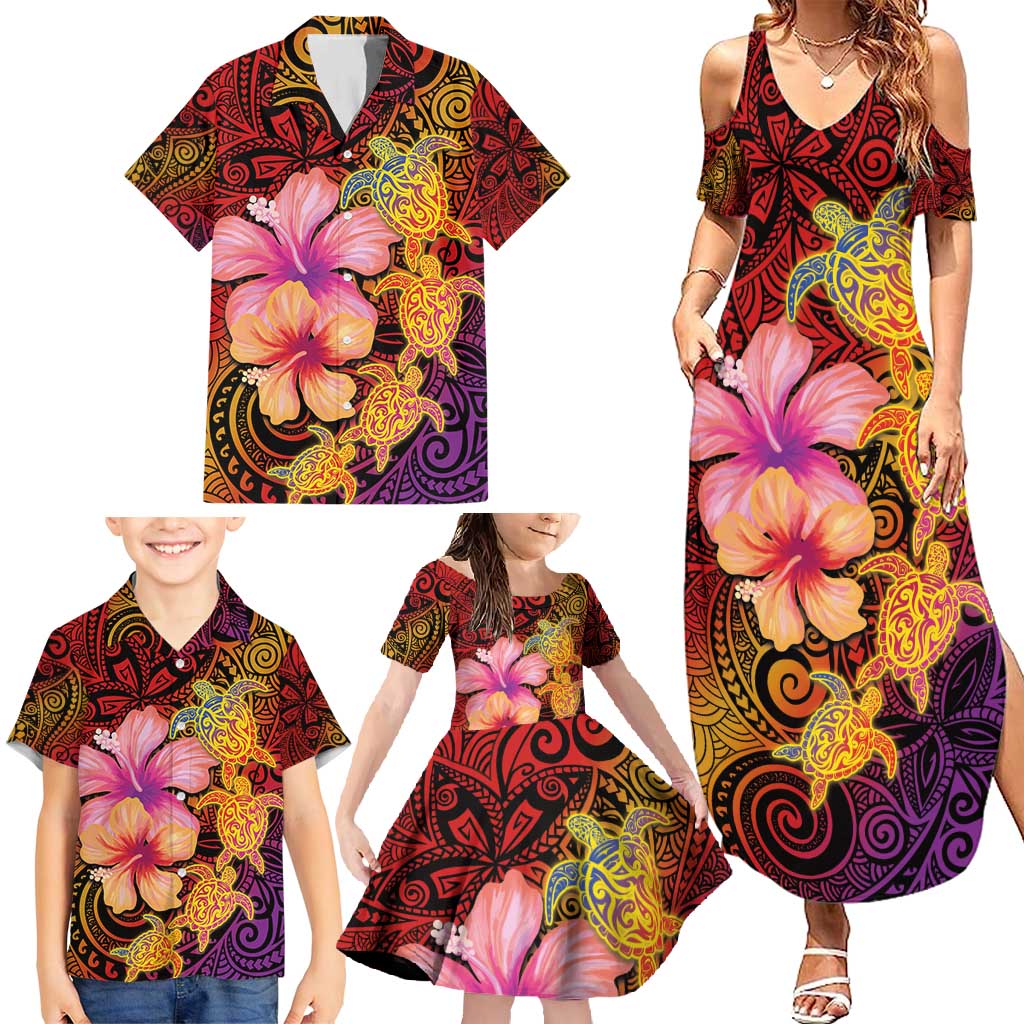 Hawaiian Hibiscus Turtle Tribal Polynesian Pattern Family Matching Summer Maxi Dress and Hawaiian Shirt Colorful Color LT03 - Polynesian Pride