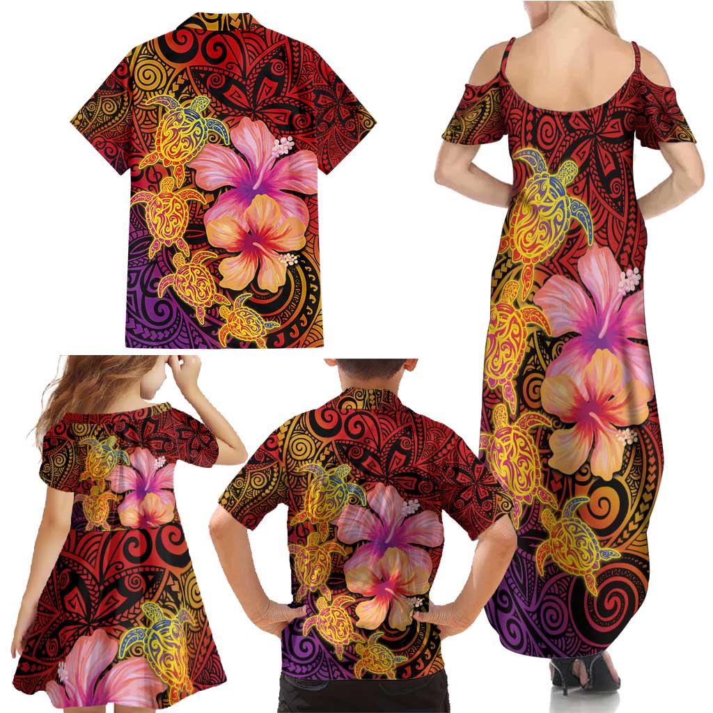 Hawaiian Hibiscus Turtle Tribal Polynesian Pattern Family Matching Summer Maxi Dress and Hawaiian Shirt Colorful Color LT03 - Polynesian Pride