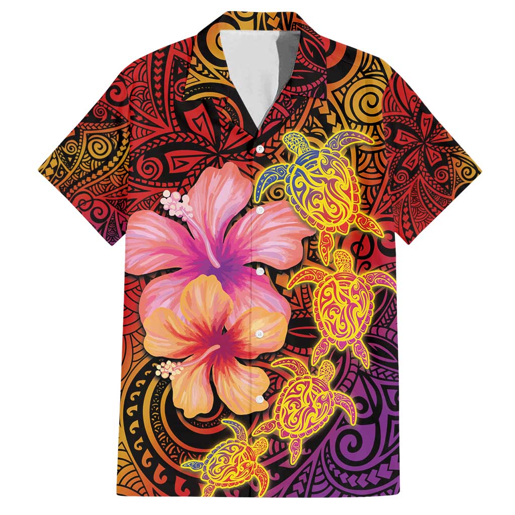 Hawaiian Hibiscus Turtle Tribal Polynesian Pattern Family Matching Summer Maxi Dress and Hawaiian Shirt Colorful Color LT03 Dad's Shirt - Short Sleeve Red - Polynesian Pride