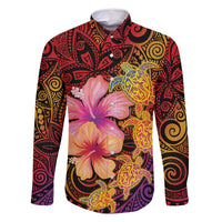 Hawaiian Hibiscus Turtle Tribal Polynesian Pattern Family Matching Summer Maxi Dress and Hawaiian Shirt Colorful Color LT03 Dad's Shirt - Long Sleeve Red - Polynesian Pride