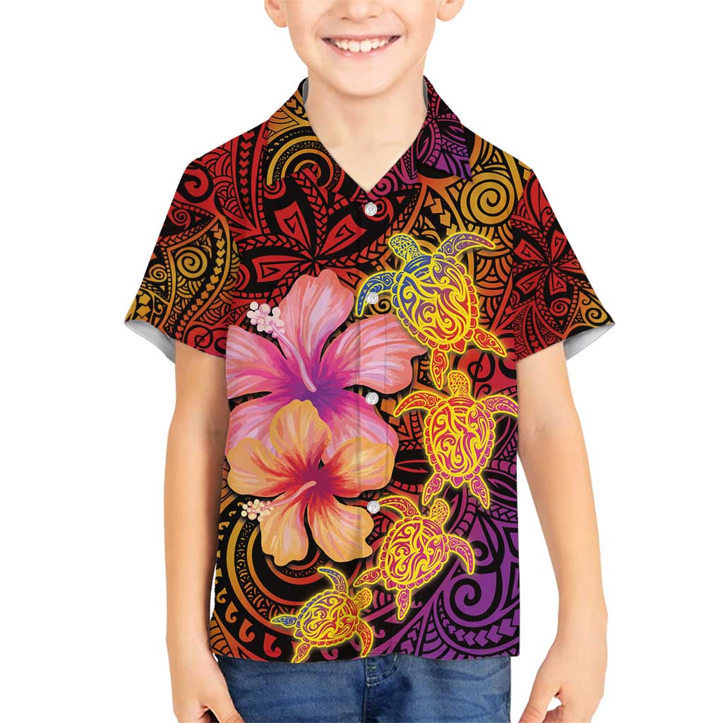 Hawaiian Hibiscus Turtle Tribal Polynesian Pattern Family Matching Tank Maxi Dress and Hawaiian Shirt Colorful Color LT03 Son's Shirt Red - Polynesian Pride