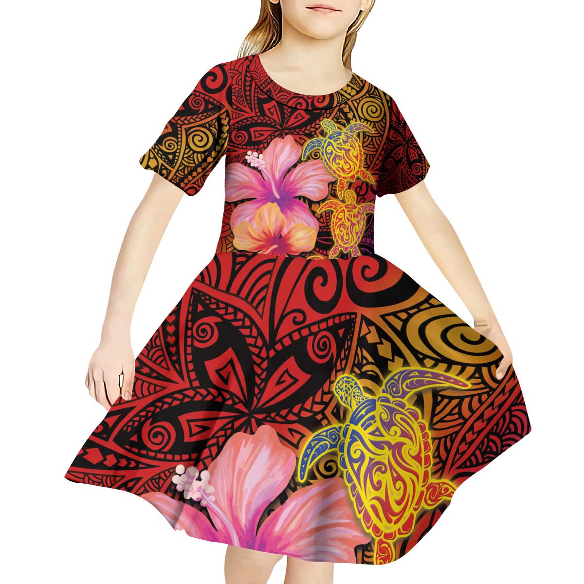 Hawaiian Hibiscus Turtle Tribal Polynesian Pattern Kid Short Sleeve Dress Colorful Color