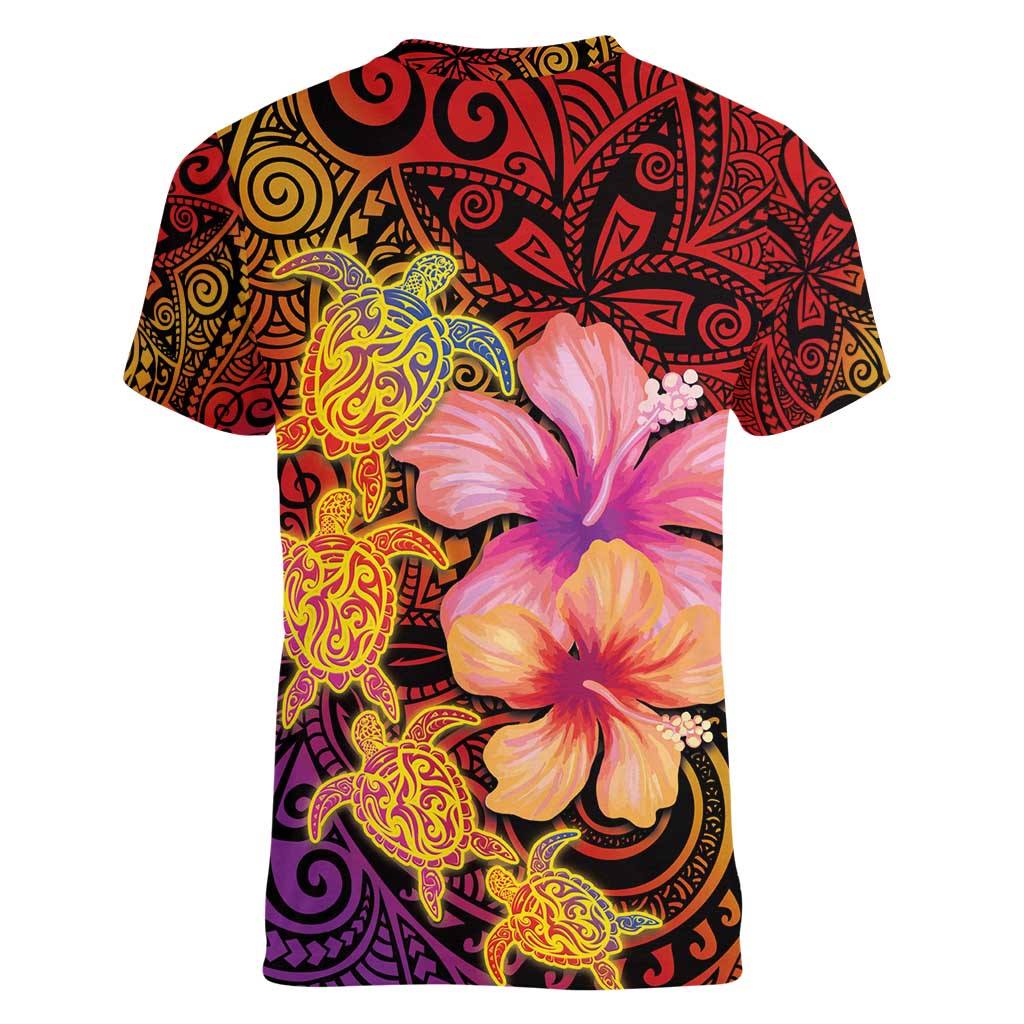 Hawaiian Hibiscus Turtle Tribal Polynesian Pattern Women V-Neck T-Shirt Colorful Color