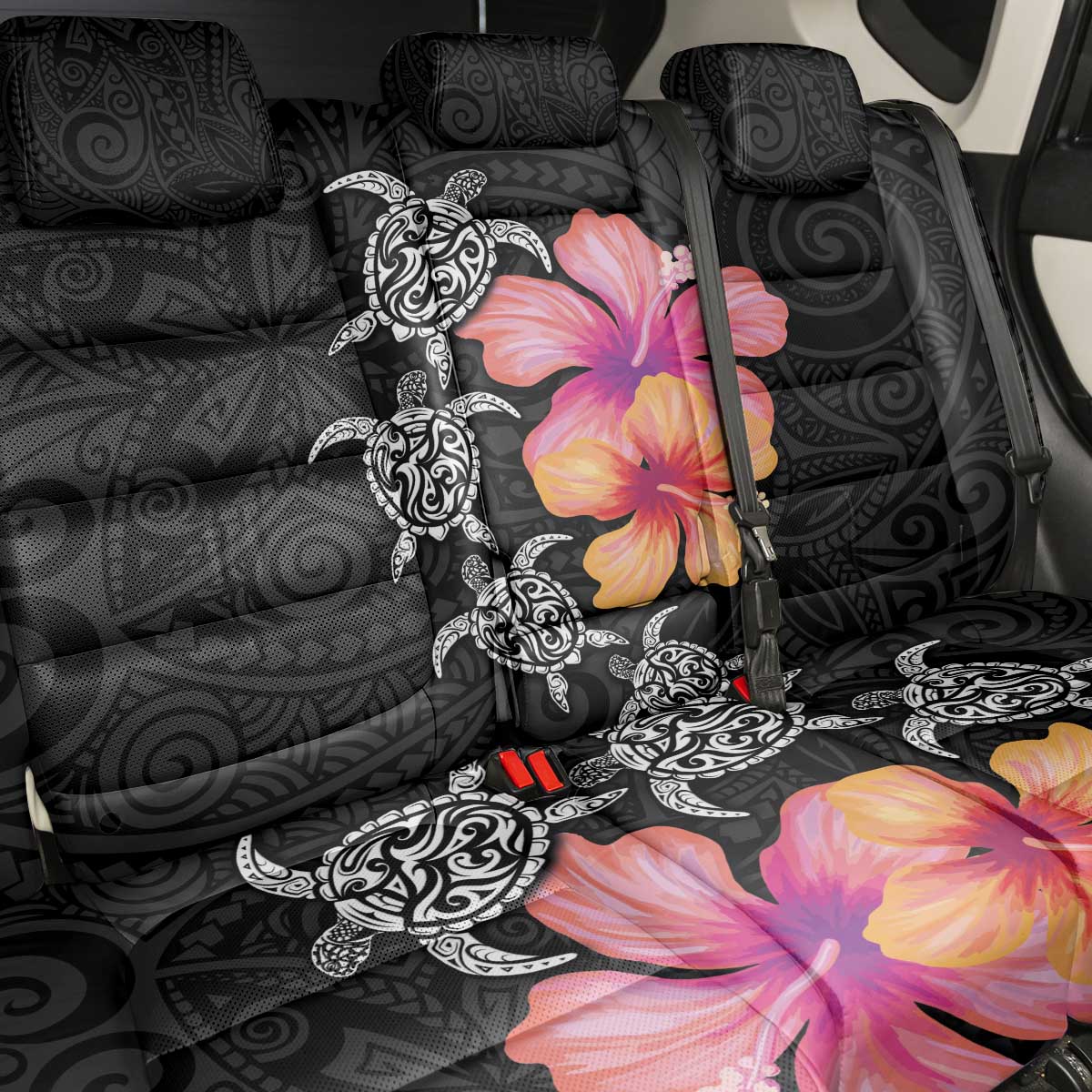 Hawaiian Hibiscus Turtle Tribal Polynesian Pattern Back Car Seat Cover Black Color