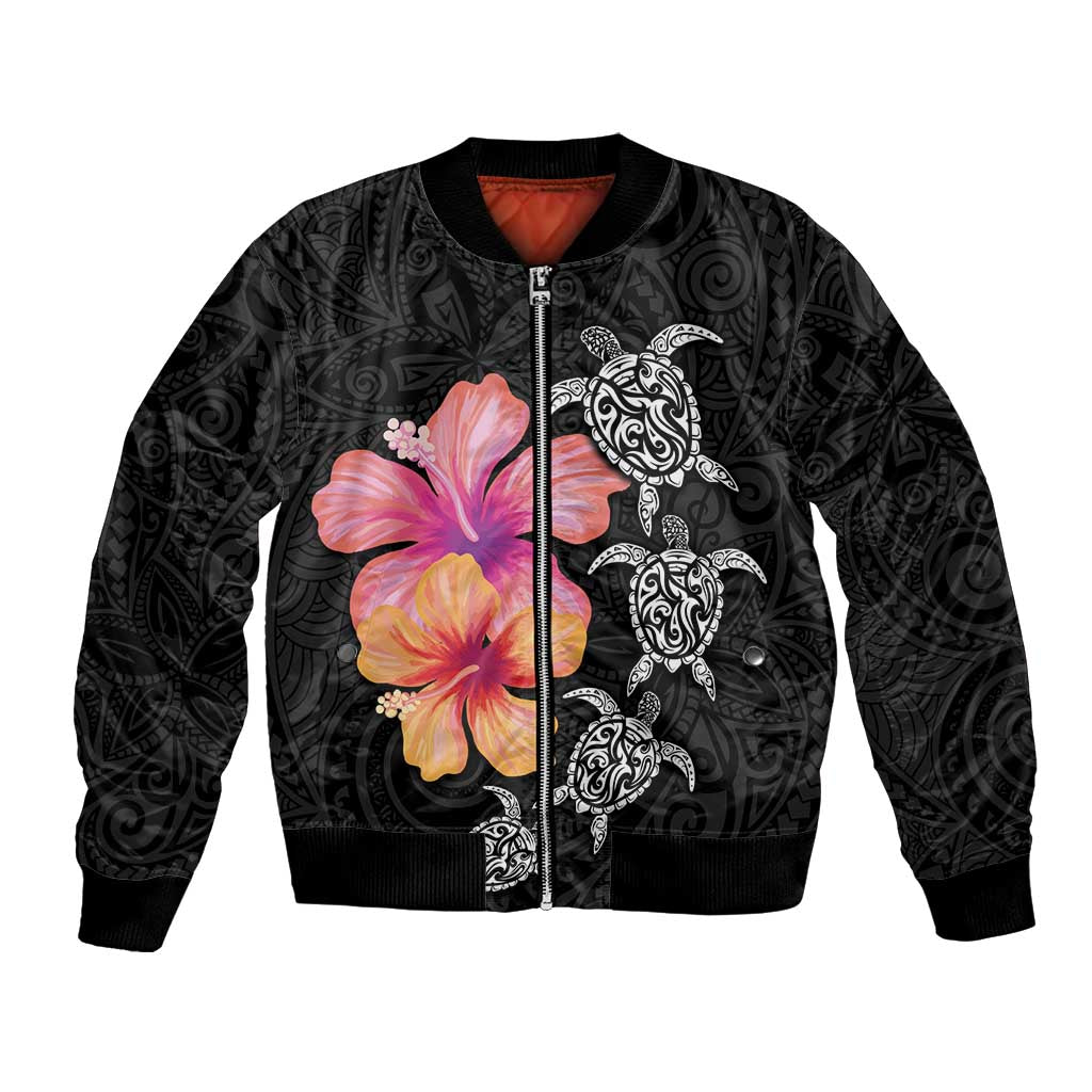 Hawaiian Hibiscus Turtle Tribal Polynesian Pattern Bomber Jacket Black Color LT03 Unisex Black - Polynesian Pride