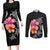 Hawaiian Hibiscus Turtle Tribal Polynesian Pattern Couples Matching Long Sleeve Bodycon Dress and Long Sleeve Button Shirt Black Color