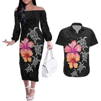 Hawaiian Hibiscus Turtle Tribal Polynesian Pattern Couples Matching Off The Shoulder Long Sleeve Dress and Hawaiian Shirt Black Color LT03 Black - Polynesian Pride