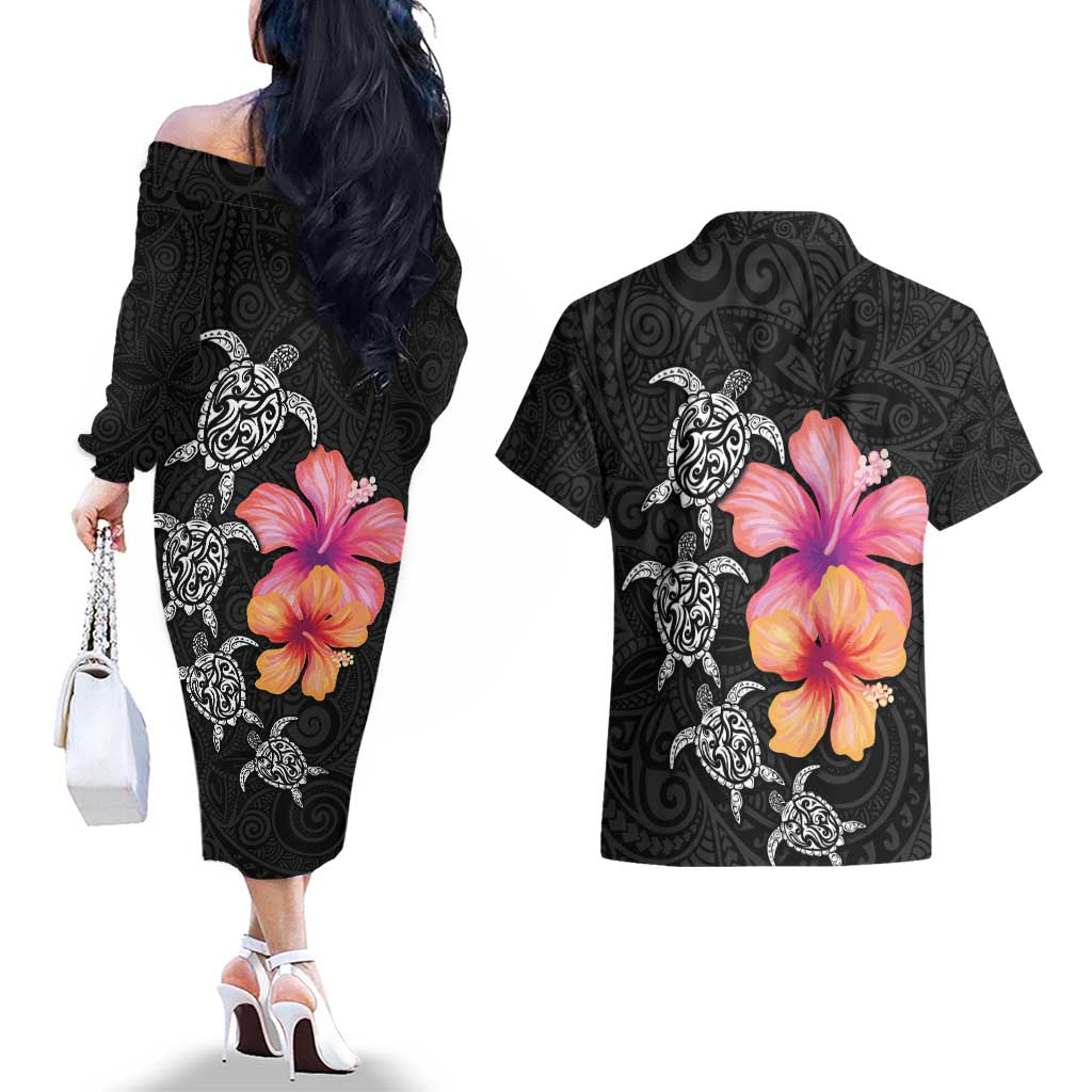Hawaiian Hibiscus Turtle Tribal Polynesian Pattern Couples Matching Off The Shoulder Long Sleeve Dress and Hawaiian Shirt Black Color LT03 - Polynesian Pride