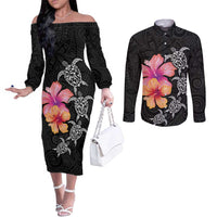Hawaiian Hibiscus Turtle Tribal Polynesian Pattern Couples Matching Off The Shoulder Long Sleeve Dress and Long Sleeve Button Shirt Black Color LT03 Black - Polynesian Pride
