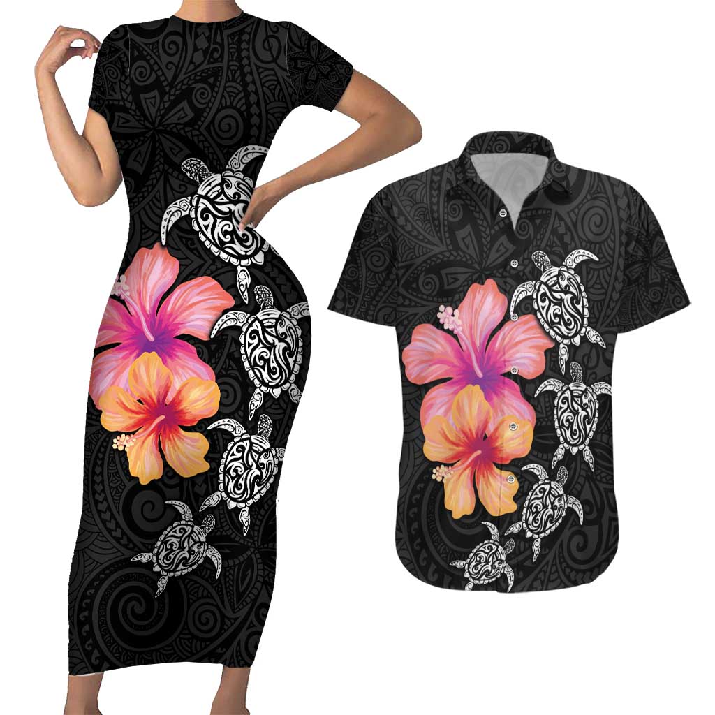 Hawaiian Hibiscus Turtle Tribal Polynesian Pattern Couples Matching Short Sleeve Bodycon Dress and Hawaiian Shirt Black Color LT03 Black - Polynesian Pride