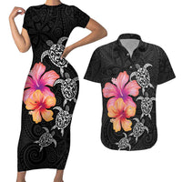 Hawaiian Hibiscus Turtle Tribal Polynesian Pattern Couples Matching Short Sleeve Bodycon Dress and Hawaiian Shirt Black Color LT03 Black - Polynesian Pride