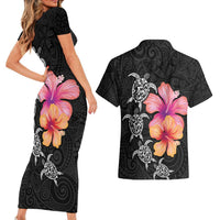 Hawaiian Hibiscus Turtle Tribal Polynesian Pattern Couples Matching Short Sleeve Bodycon Dress and Hawaiian Shirt Black Color LT03 - Polynesian Pride