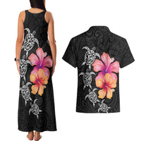 Hawaiian Hibiscus Turtle Tribal Polynesian Pattern Couples Matching Tank Maxi Dress and Hawaiian Shirt Black Color LT03 - Polynesian Pride