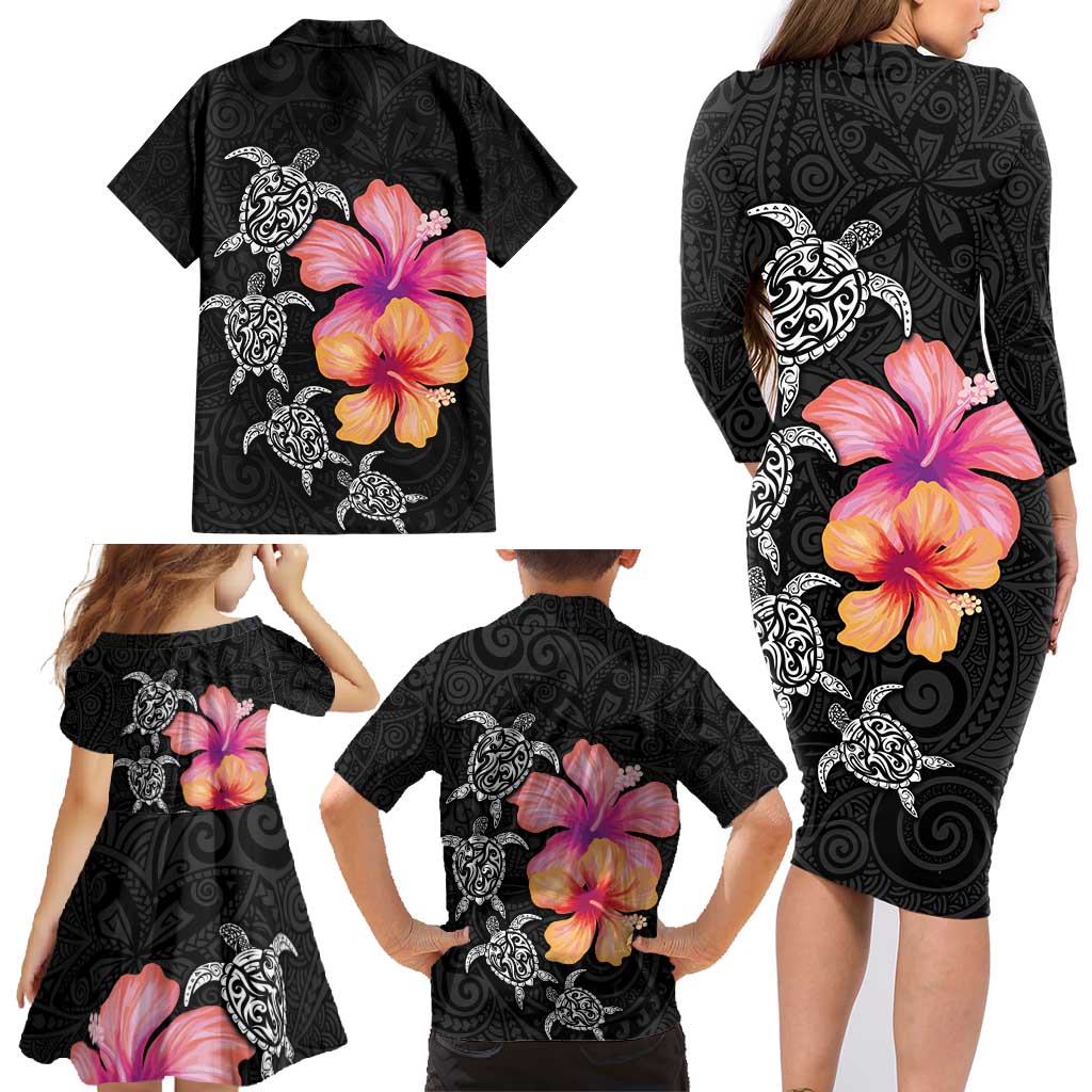Hawaiian Hibiscus Turtle Tribal Polynesian Pattern Family Matching Long Sleeve Bodycon Dress and Hawaiian Shirt Black Color LT03 - Polynesian Pride