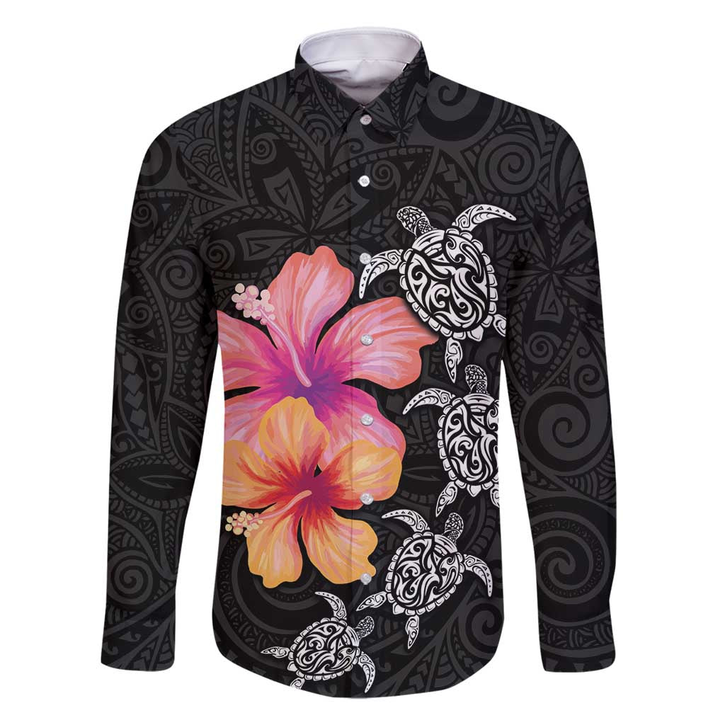 Hawaiian Hibiscus Turtle Tribal Polynesian Pattern Family Matching Long Sleeve Bodycon Dress and Hawaiian Shirt Black Color LT03 Dad's Shirt - Long Sleeve Black - Polynesian Pride