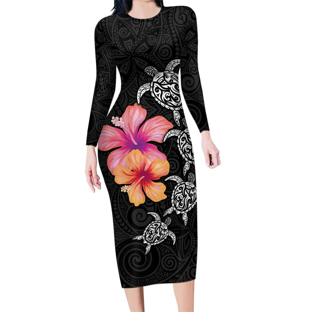 Hawaiian Hibiscus Turtle Tribal Polynesian Pattern Family Matching Long Sleeve Bodycon Dress and Hawaiian Shirt Black Color LT03 Mom's Dress Black - Polynesian Pride