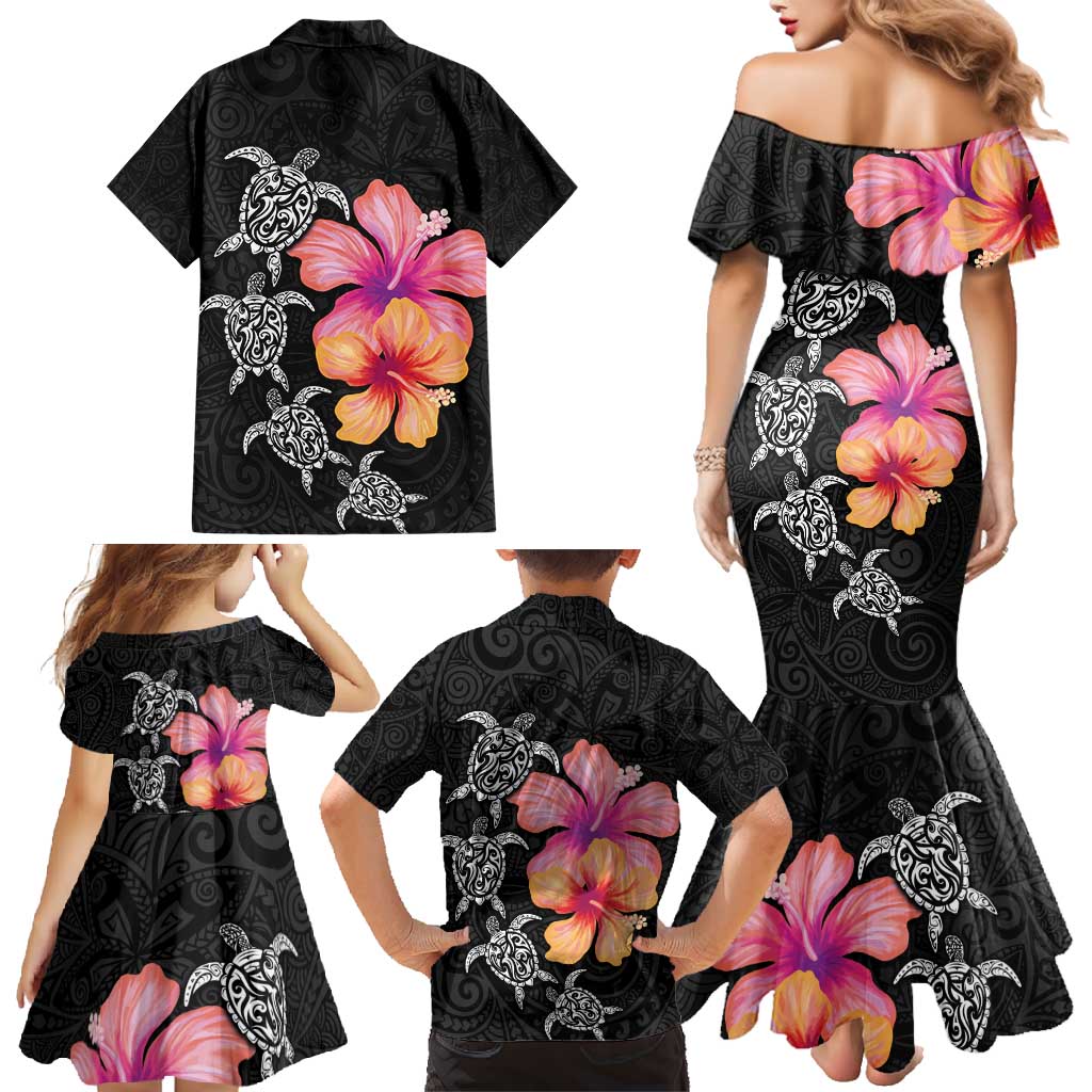 Hawaiian Hibiscus Turtle Tribal Polynesian Pattern Family Matching Mermaid Dress and Hawaiian Shirt Black Color LT03 - Polynesian Pride