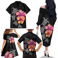Hawaiian Hibiscus Turtle Tribal Polynesian Pattern Family Matching Off The Shoulder Long Sleeve Dress and Hawaiian Shirt Black Color LT03 - Polynesian Pride